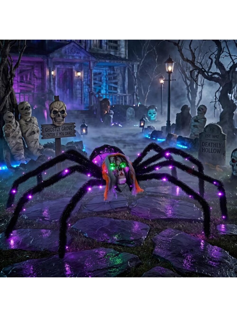 Giant 52" Lighted Halloween Skull Face Spider with Flashing Eyes - LED Yard